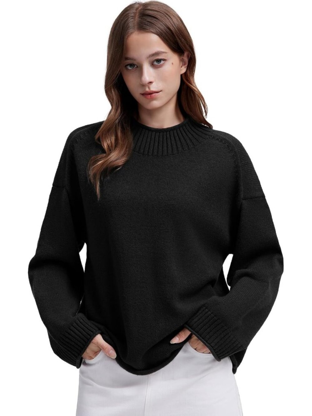Cozy Oversized Cashmere Blend Mock Neck Pullover Sweater for Women